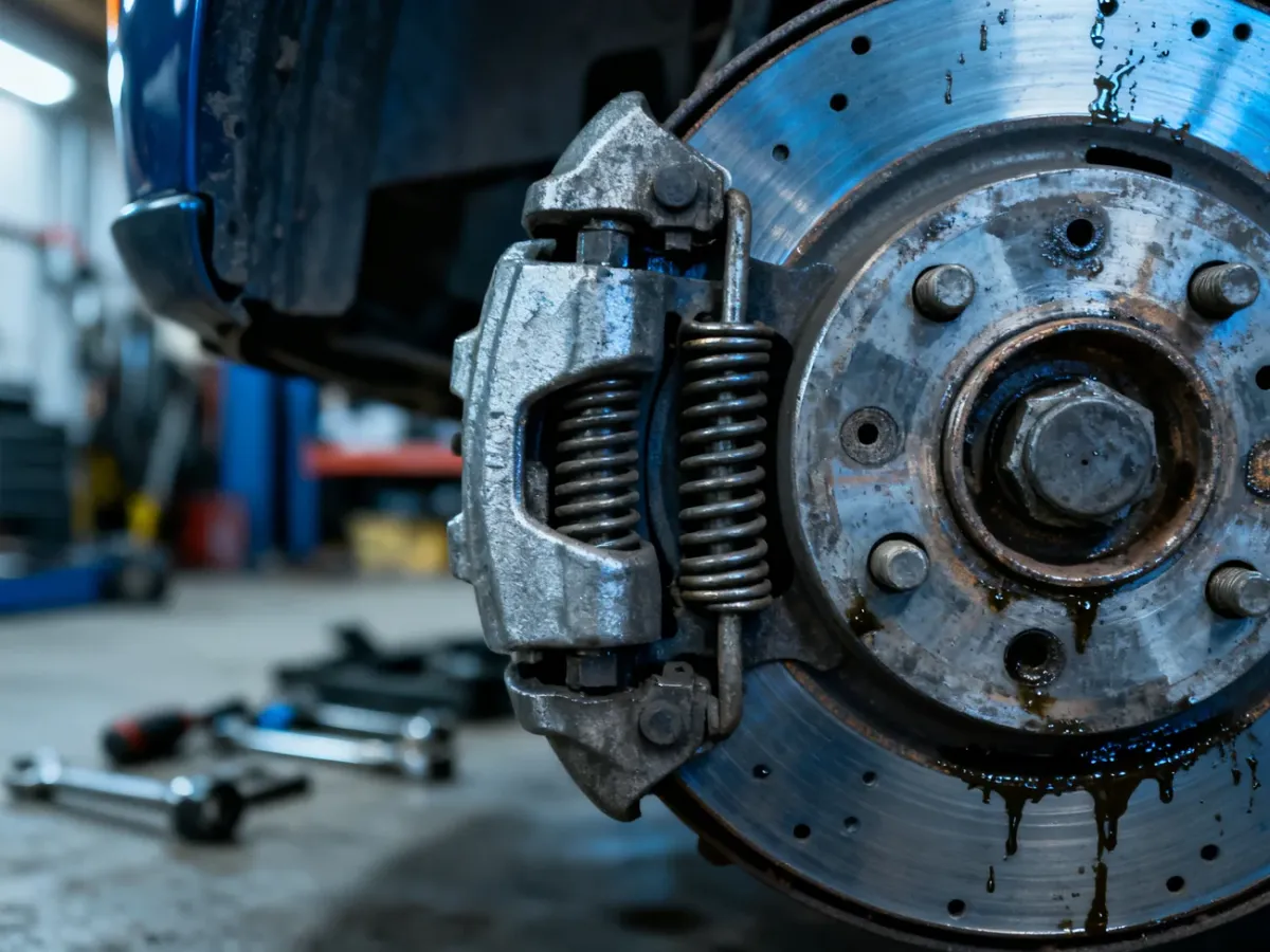 Zbliżenie na mechanizm hamulca bębnowego z widocznymi szczękami i sprężynami w warsztatowym otoczeniu.
