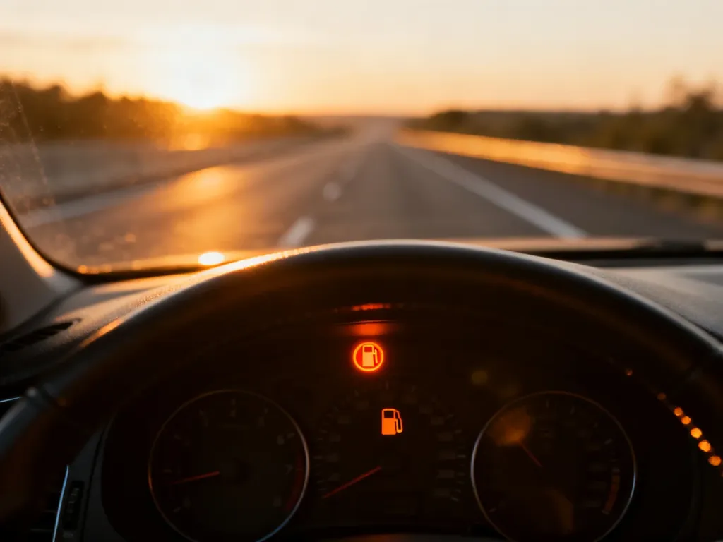 Świecąca kontrolka rezerwy paliwa na desce rozdzielczej samochodu z widoczną w tle autostradą o zachodzie słońca.