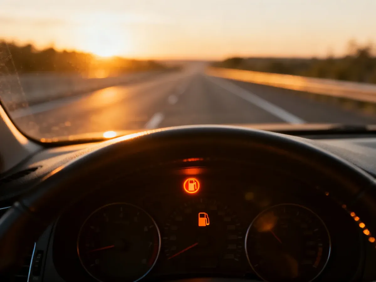 Świecąca kontrolka rezerwy paliwa na desce rozdzielczej samochodu z widoczną w tle autostradą o zachodzie słońca.