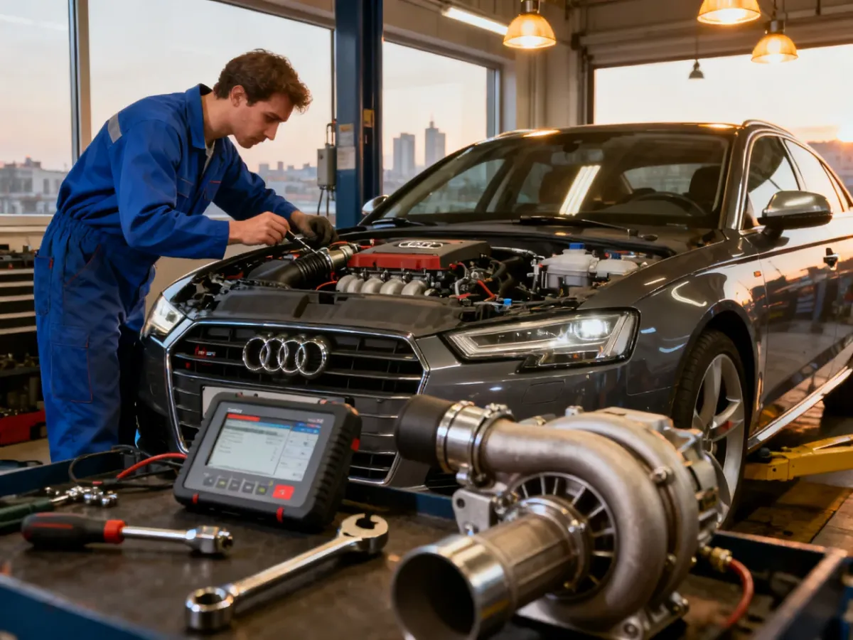 Mechanik sprawdzający turbodoładowany silnik benzynowy w warsztacie