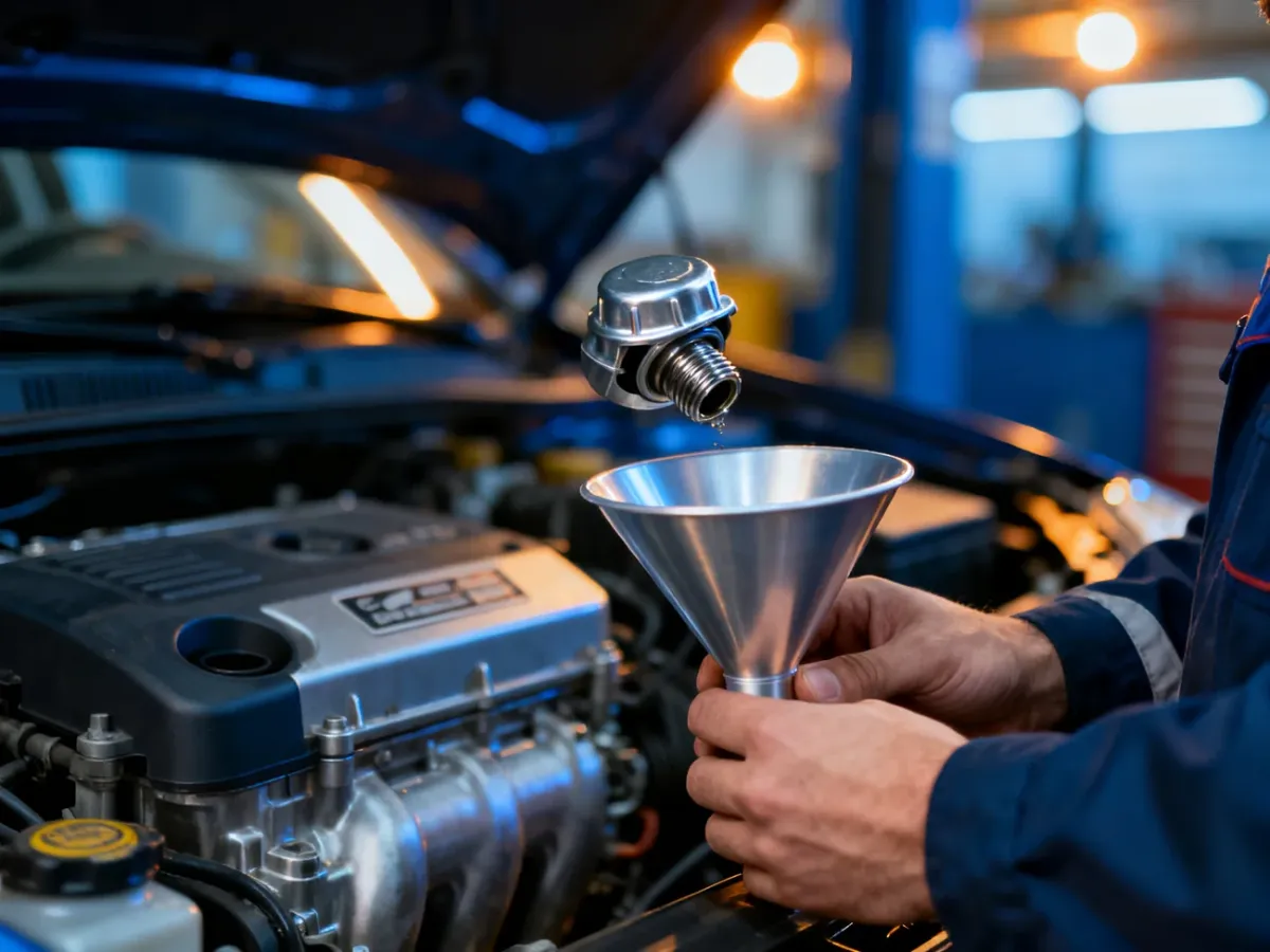Mechanik wlewa olej do silnika Audi A4 B8 przy użyciu lejka, przygotowując jednostkę napędową do wymiany płynów.