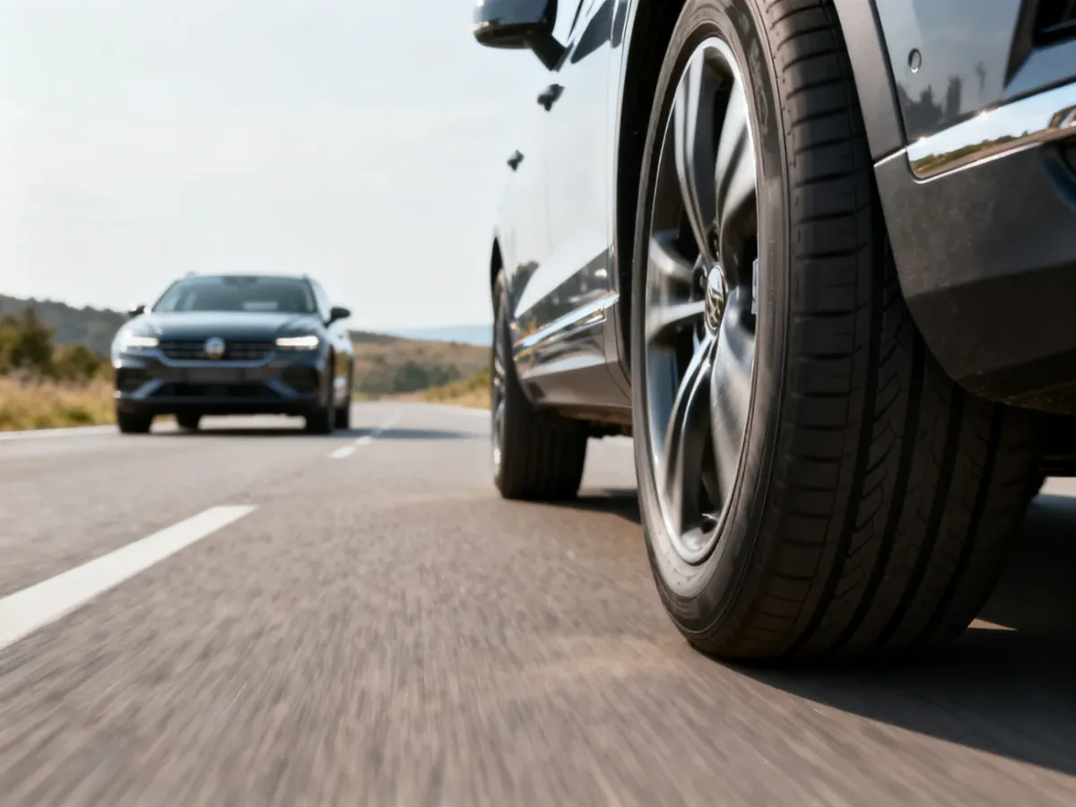 Samochód jadący bezpiecznie po drodze po prawidłowej kalibracji systemu TPMS