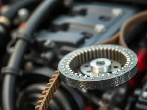 Zbliżenie na pasek rozrządu i koła zębate w silniku VW Crafter w profesjonalnym warsztacie samochodowym.