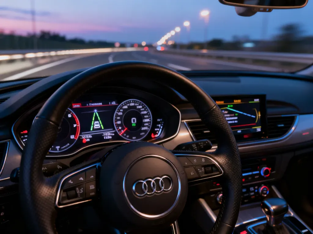 Wnętrze nowoczesnego Audi z widocznymi na desce rozdzielczej ikonami aktywnego asystenta pasa ruchu.