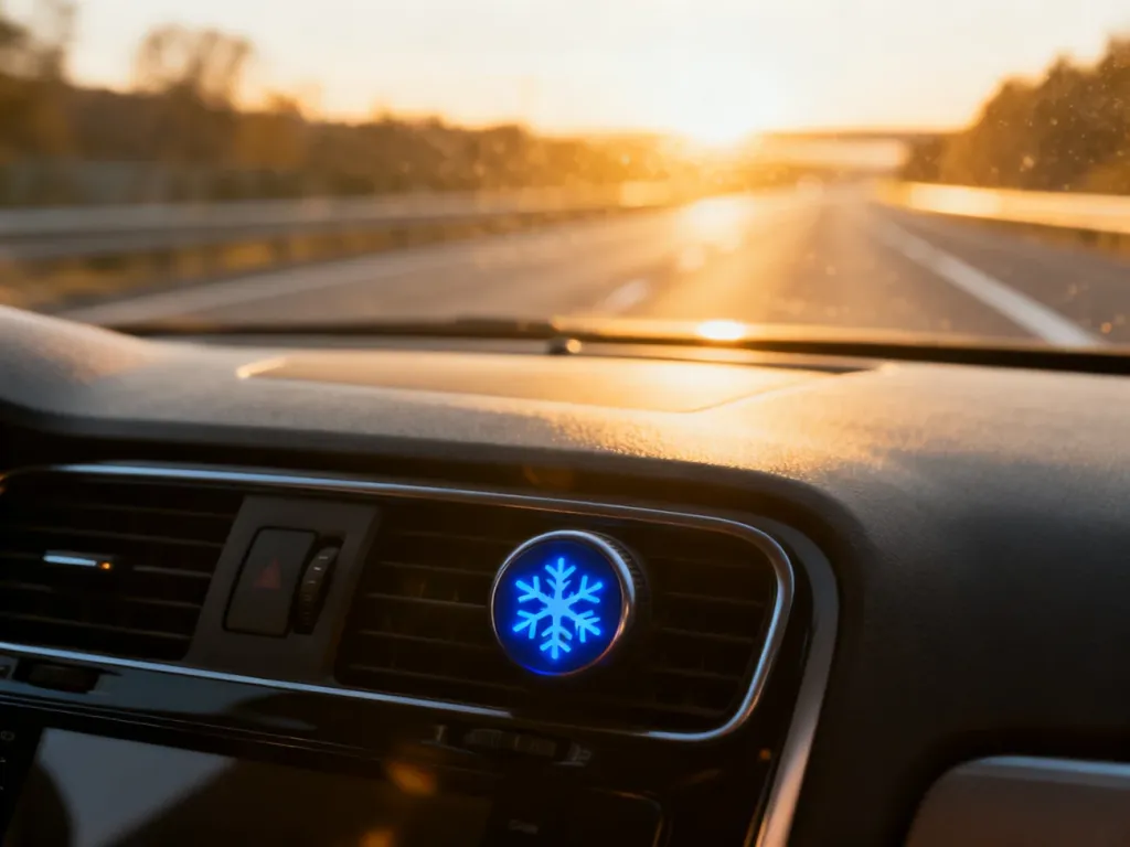 Panel klimatyzacji w samochodzie z podświetloną ikoną płatka śniegu na tle słonecznej autostrady.