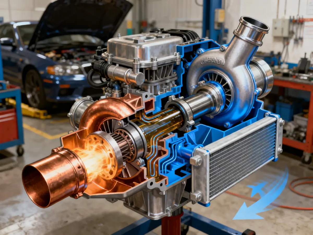 Przekrój samochodowego układu turbodoładowania z turbiną, sprężarką i intercoolerem