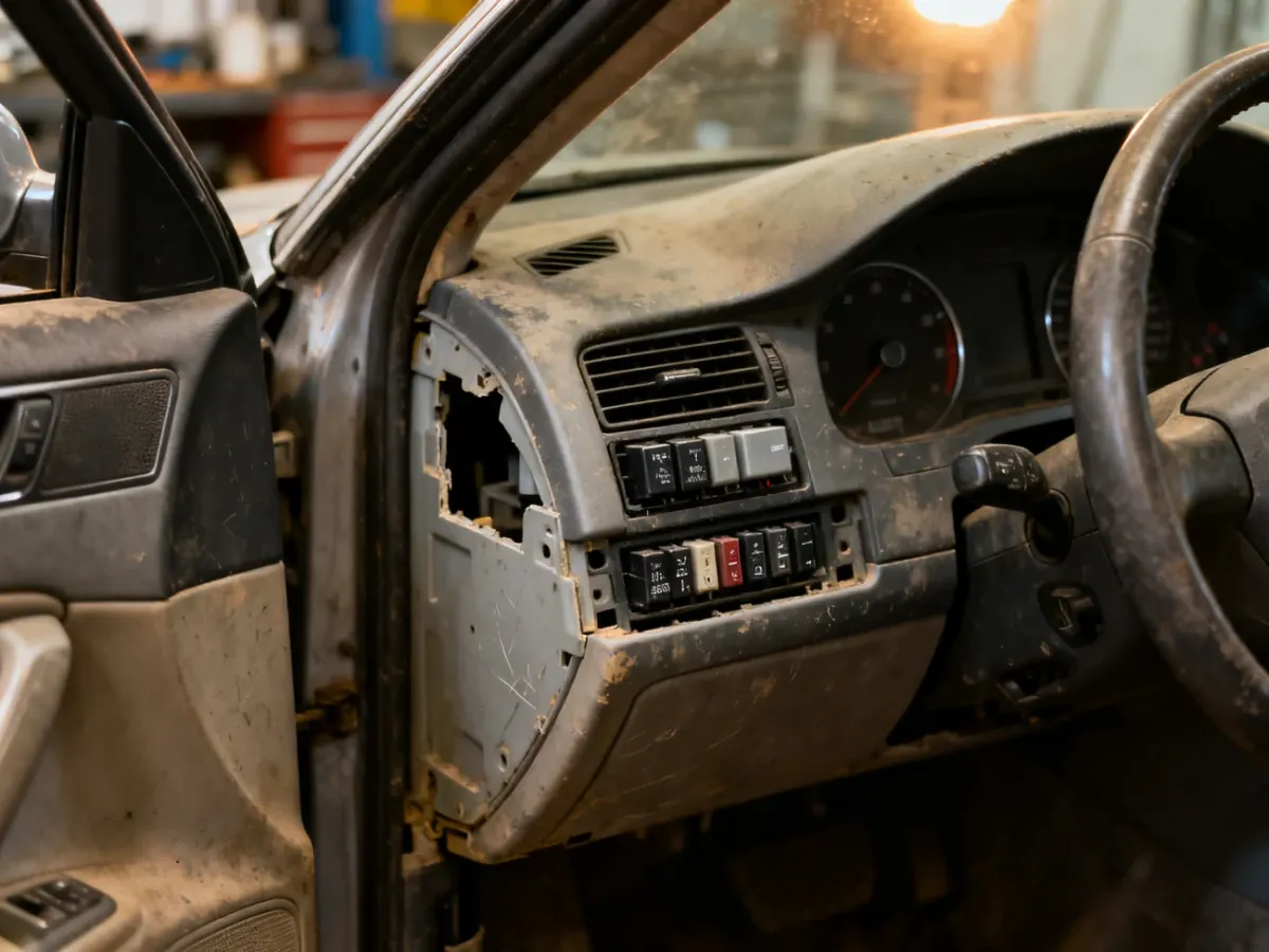 Panel bezpieczników i mikroprzekaźniki za boczną osłoną deski rozdzielczej Audi A4 B6