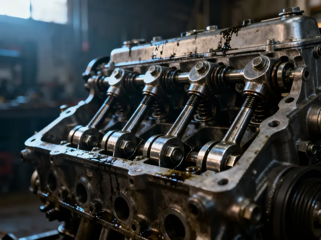 Zbliżenie na mechanizm rozrządu silnika typu OHV z widocznymi dźwigienkami zaworowymi i popychaczami w warsztacie.