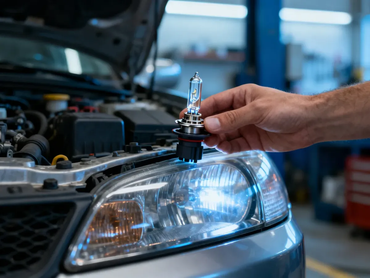 Dłoń mechanika trzymająca nową żarówkę halogenową przy otwartym reflektorze samochodowym podczas wymiany.