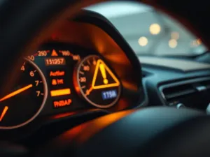 Przycisk systemu start-stop w nowoczesnym samochodzie podświetlony na niebiesko w nocy.