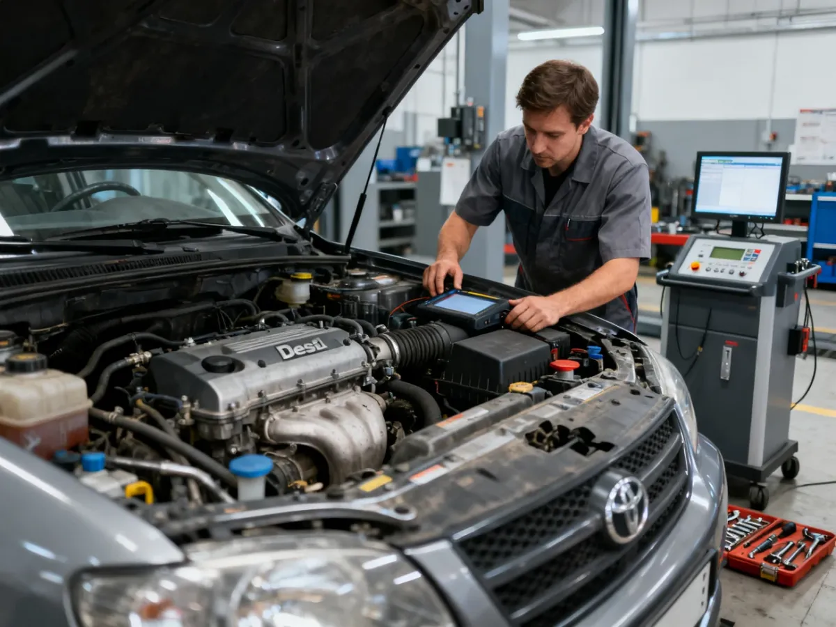 Mechanik sprawdzający używany samochód z silnikiem Diesla