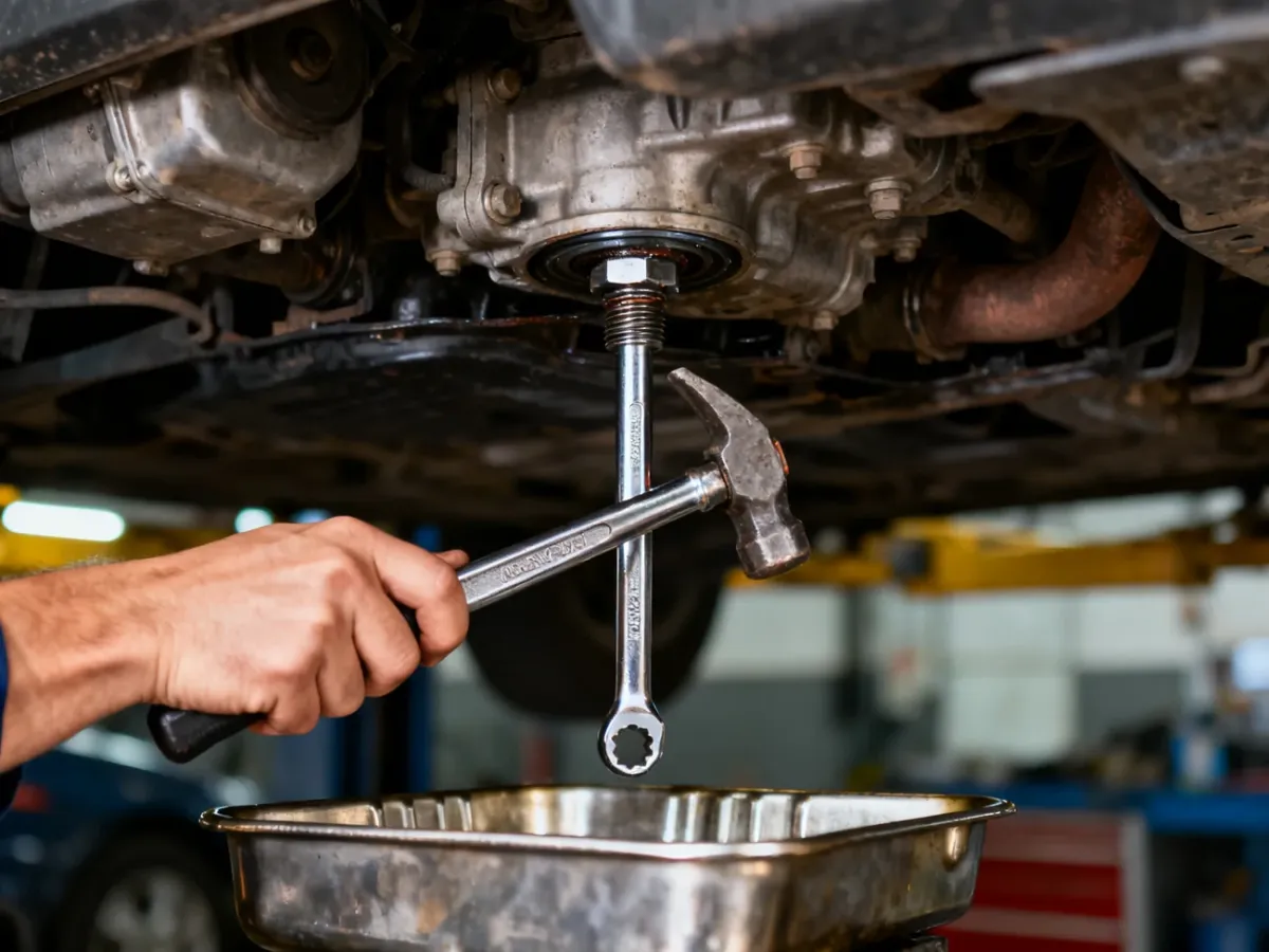 Mechanik delikatnie opukujący właściwie dopasowany klucz osadzony w korku spustowym oleju