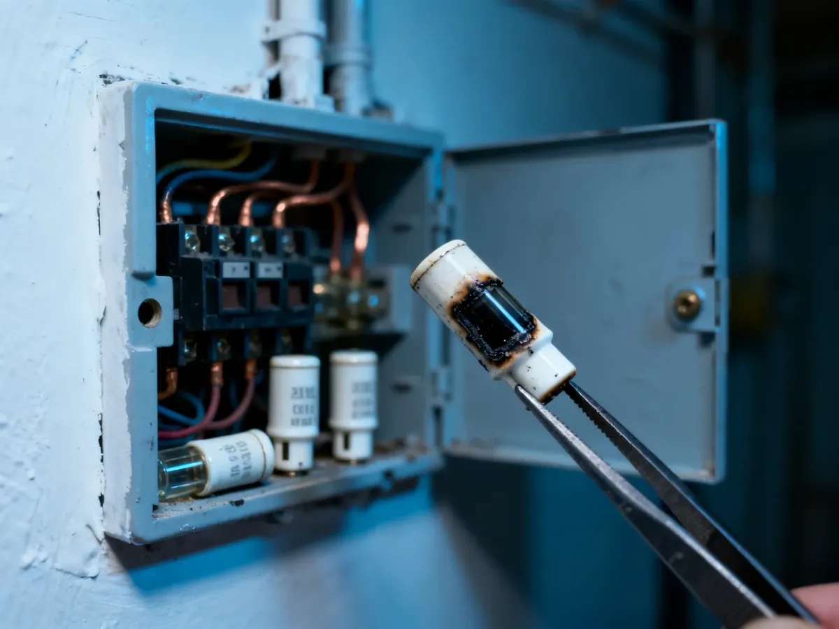 Przepalony bezpiecznik ceramiczny trzymany w pęsecie na tle otwartej skrzynki elektrycznej.