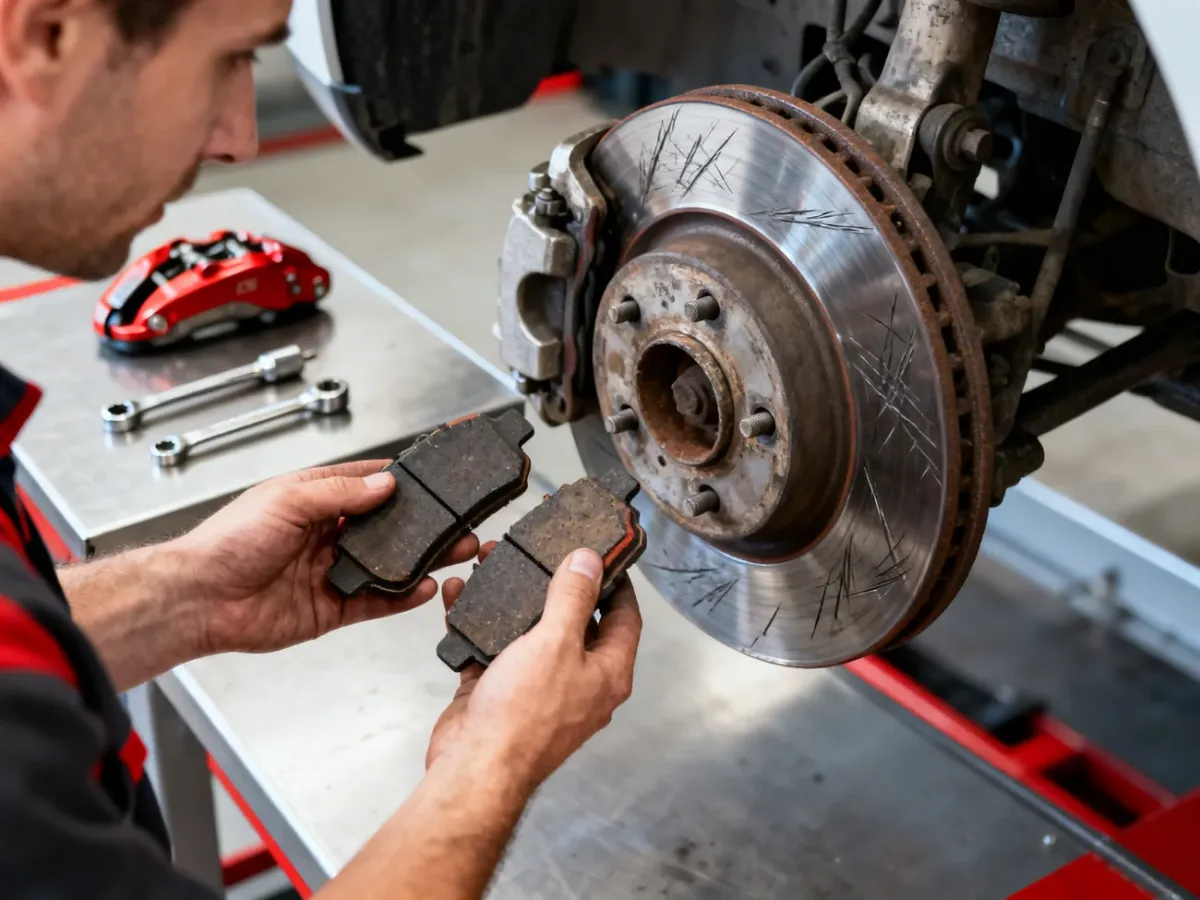 Mechanik sprawdza zużyte klocki i tarczę hamulcową