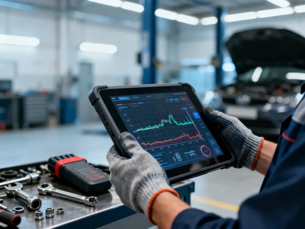 Mechanik używający tabletu diagnostycznego do analizy pracy silnika w profesjonalnym warsztacie samochodowym.