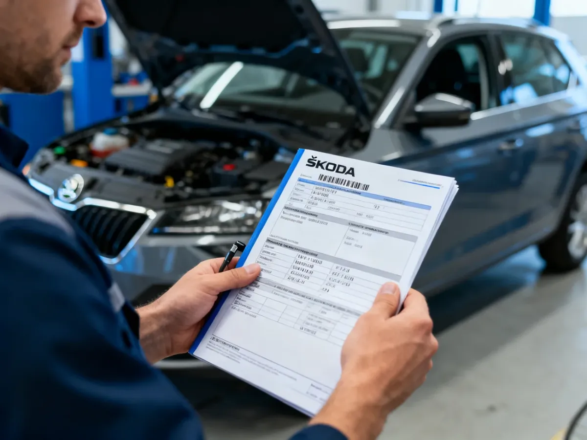 Mechanik porównujący fabryczne wyposażenie Skody z oględzinami samochodu