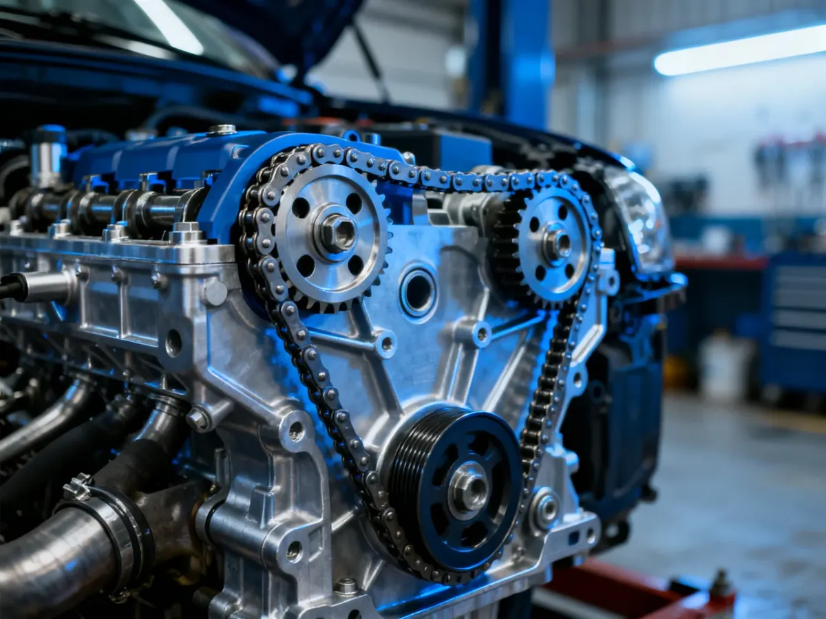 Zbliżenie na mechanizm rozrządu w silniku samochodu Opel Meriva B, ukazujące detale techniczne pod maską pojazdu.