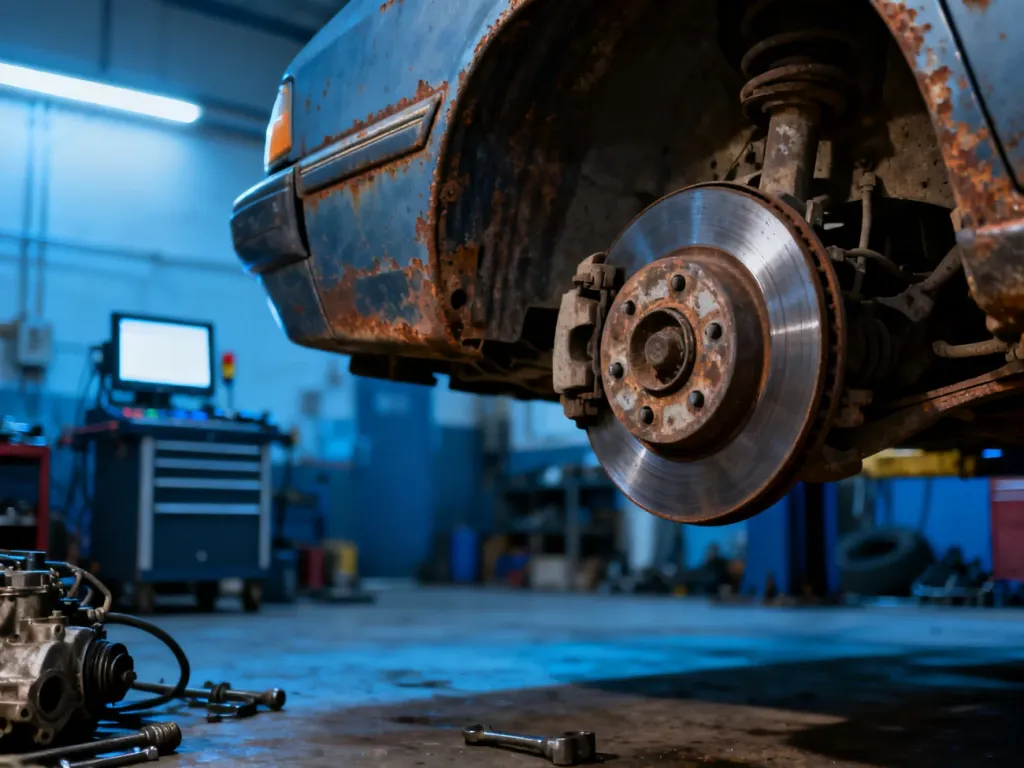 Skorodowane podwozie i zużyte tarcze hamulcowe samochodu w profesjonalnym warsztacie mechanicznym.