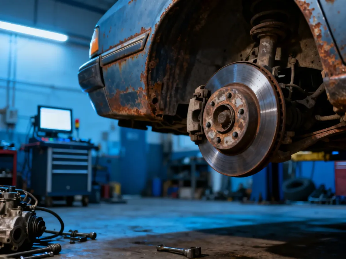 Skorodowane podwozie i zużyte tarcze hamulcowe samochodu w profesjonalnym warsztacie mechanicznym.