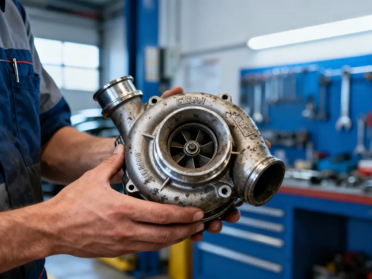 Mechanik trzymający zdemontowaną turbosprężarkę w warsztacie samochodowym podczas diagnostyki usterki.