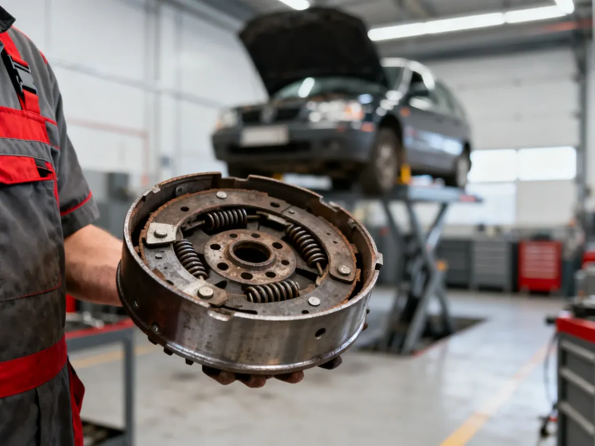 Mechanik kontrolujący rozebrany hamulec bębnowy w warsztacie