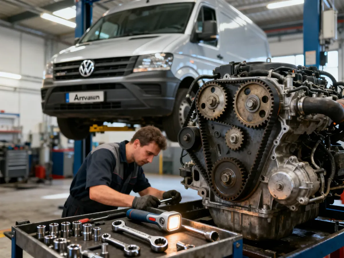 Mechanik sprawdzający układ rozrządu w samochodzie dostawczym Volkswagen Crafter