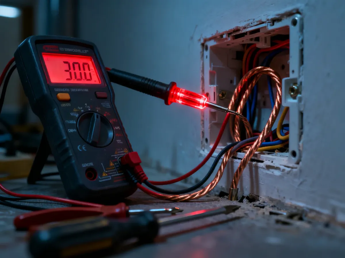 Profesjonalny multimetr mierzący napięcie na przewodach w puszce elektrycznej podczas diagnostyki zwarcia.